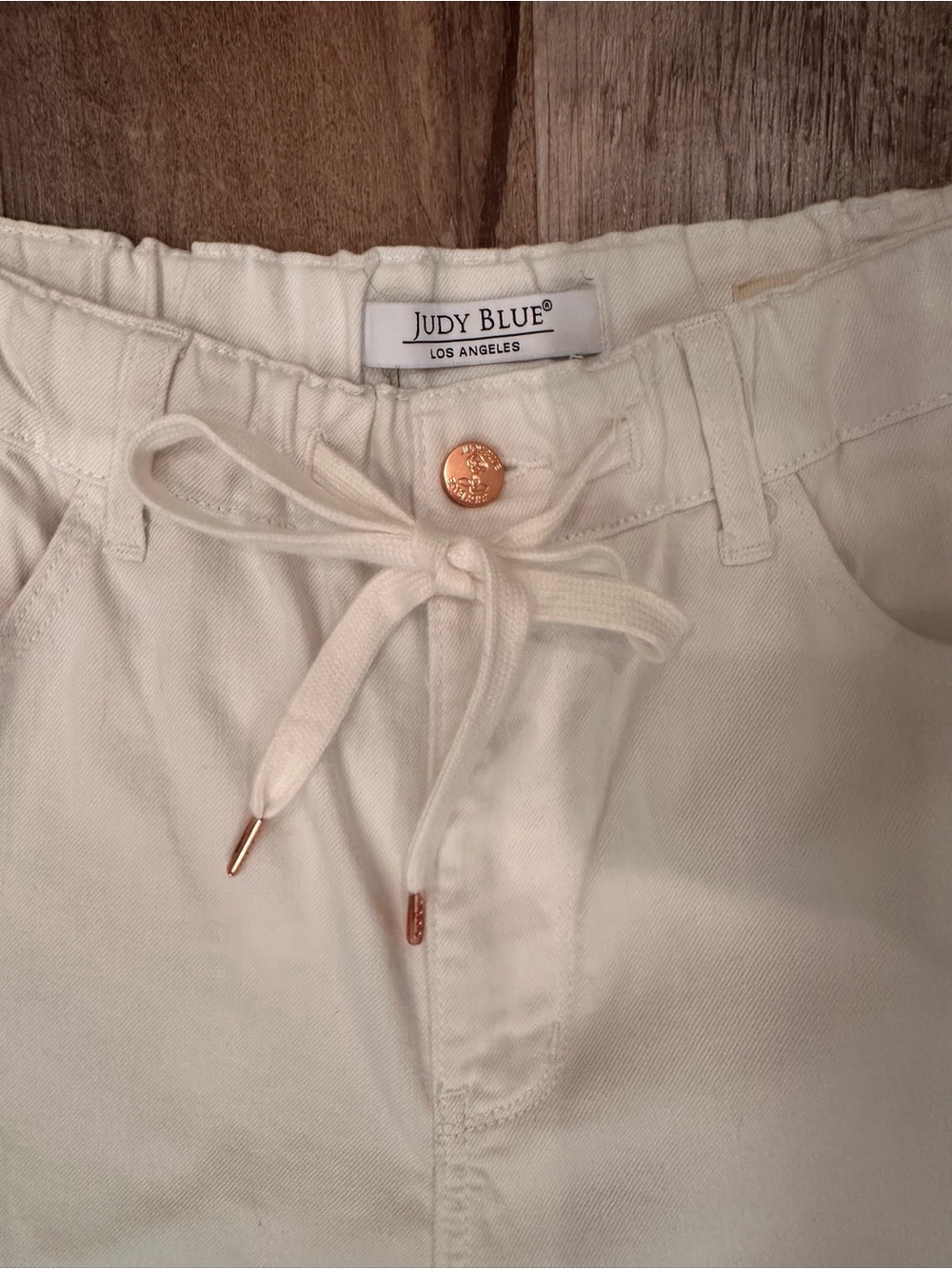 NWOT Judy Blue High Rise Palazzo Drawstring Pants Neutral Staple Sz 7/28 Short - Picture 8 of 11